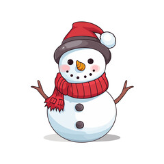 vector snowman in a hat and in a red scarf without background for Christmas postcards cartoon character style