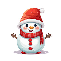 vector snowman in a red santa hat and in a red scarf without background for christmas postcards cartoon character style
