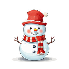 vector snowman in a red santa hat and in a red scarf without background for christmas postcards cartoon character style