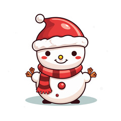 vector snowman in a red santa hat and in a red scarf without background for christmas postcards cartoon character style