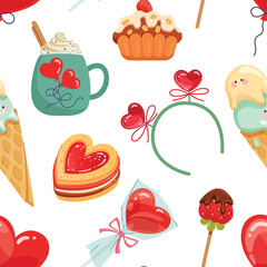 Seamless pattern for Valentine's Day with sweets and symbols of love on a white background. Balloon, headband, cookies, and other heart-shaped romantic elements for wrapping, packaging, card, banner.