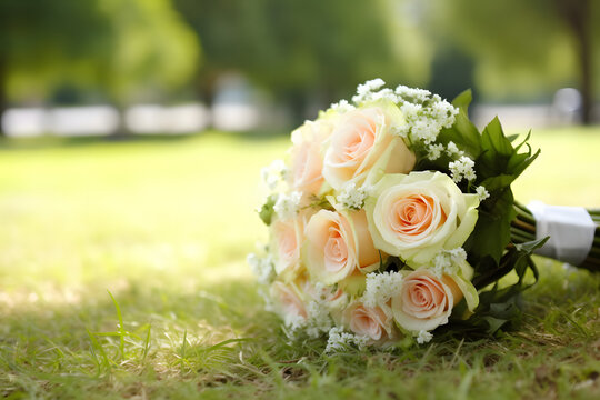 Bridal bouquet on grass at the park
