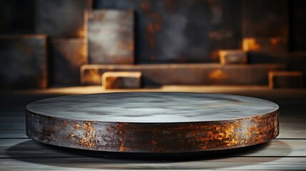 Metal podium product stand or display with blur background and cinematic light