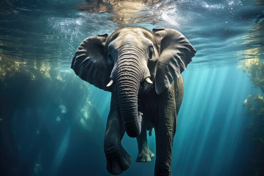 An elephant swimming underwater