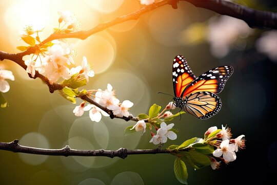 A motley, colorful butterfly sits on a white flower of a fruit tree. Close-up. Spring period in nature. A beautiful insect in spring.