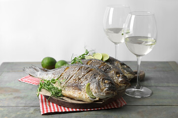 Seafood. Delicious baked fish served on rustic wooden table, space for text