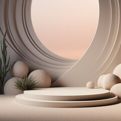 Abstract background, mock up scene with podium geometry shape for product display. 3D rendering. Abstract 3d render summer scene and Natural podium, small mountain, The moon on the top peak mountain.