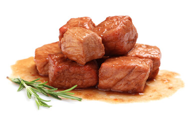 Pieces of delicious cooked beef and rosemary isolated on white. Tasty goulash