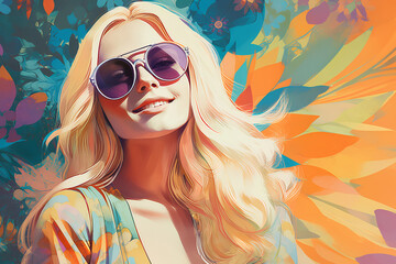 retro 70s summer vibe with cheerful young woman, generative ai