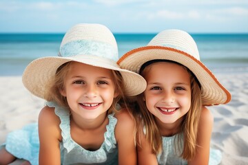 Smiling girls lying in long hats on sandy sea beach against the background of the sea and blue sky