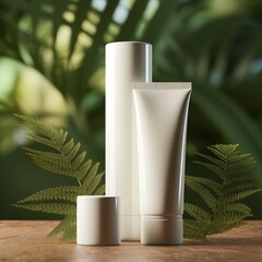 A mock up of couple realistic White blank cosmetic tube isolated on light background with leafs, 3d rendering , 3D illustration