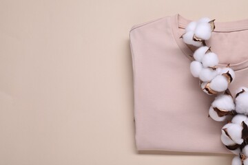 Cotton branch with fluffy flowers and t-shirt on beige background, top view. Space for text