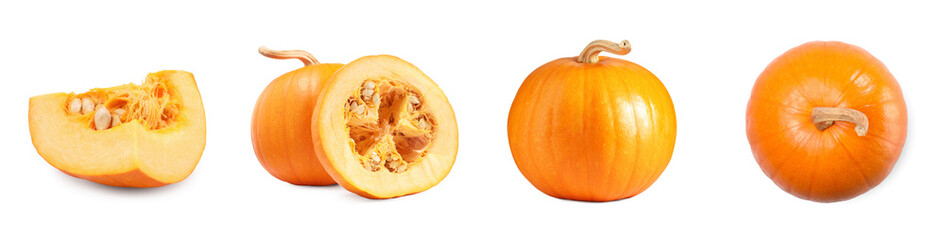 Whole and cut fresh ripe pumpkins isolated on white, set