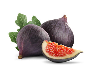 Fresh ripe figs and green leaf isolated on white