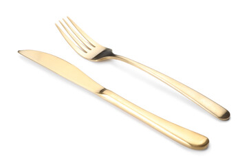 Shiny golden fork and knife isolated on white. Luxury cutlery
