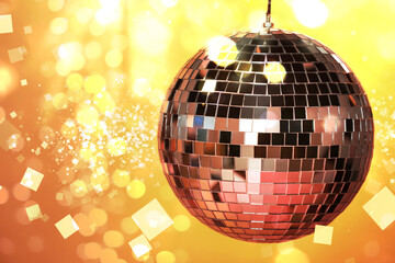 Shiny disco ball under golden lights, space for text. Bokeh effect