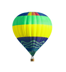 Bright hot-air balloon with wicker basket on white background