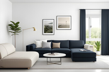 Horizontal Picture Frame Mockup Template with Big Sofa in Modern Minimalistic Living Room