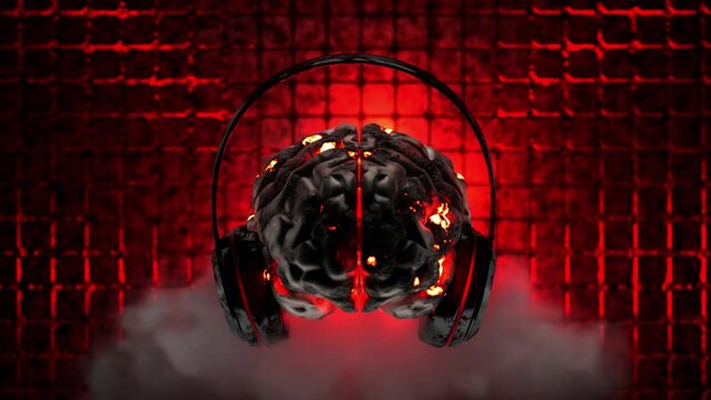 human brain in headphones, concept, system overload, heavy metal rock musical style, 3d rendering