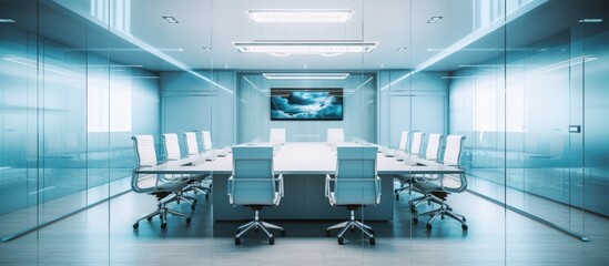 The executive high - level meeting room is decorated with office tables and chairs in a glass divider, blue light