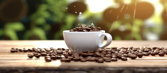 Fotobehang White cup filled with roasted coffee beans falls sideways on wooden table blurring the background of the coffee bean garden © Muhammad