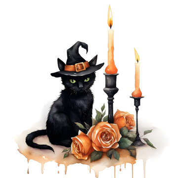 Watercolor halloween cute black cat, candles and flowers on transparency background
