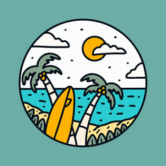 Surfing time in the paradise summer time monoline vector art