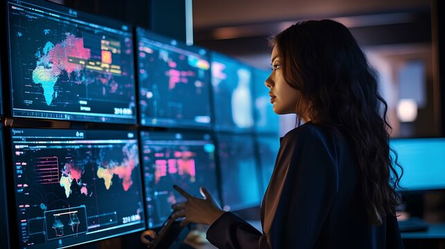 A female data scientist developing a machine learning model using AI. Her screen is filled with complex algorithms and data flow diagrams. generative AI