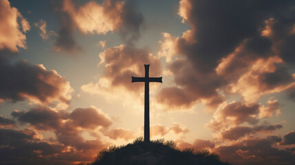 Naklejka premium Ardent Faith: Cross Bathed in Golden Light, Generative AI