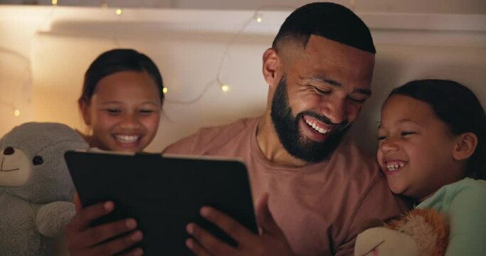 Father, children and laugh with tablet in bedroom at night for elearning, video games and reading ebook at home. Dad, girl kids and watch funny cartoon, multimedia or digital bedtime story in evening