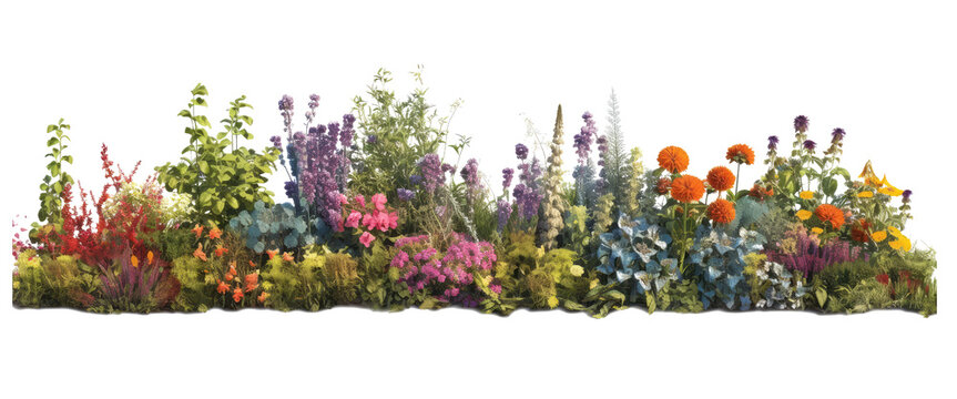 Herbaceous lush and colorful border of herbaceous plants, creating a vibrant isolated on transparent background