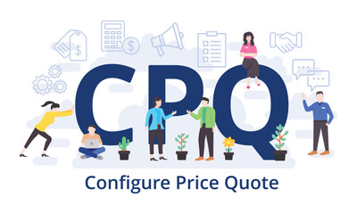 CPQ - Configure Price Quote concept with big word text acronym and team people in modern flat style vector illustration - obrazy, fototapety, plakaty