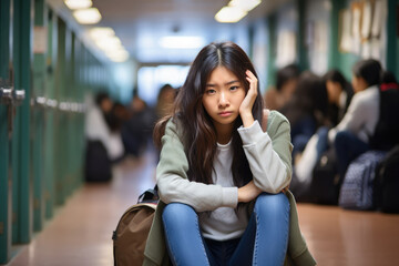 Depressed student at school. Behavioral and mental health - obrazy, fototapety, plakaty