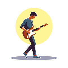 Standing man playing electric guitar flat design vector illustration.