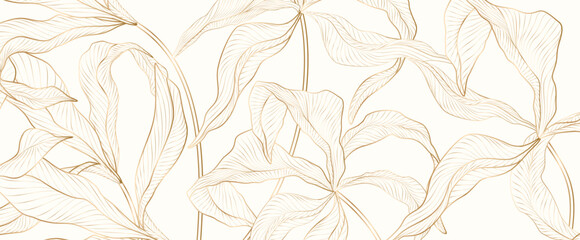 Luxury light art background with a silhouette of exotic tropical leaves in a golden line art style. Botanical pattern for wallpaper design, decor, print, textile, interior.