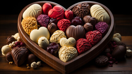 Fototapeta na wymiar chocolates of different colors presented in a heart-shaped wooden box