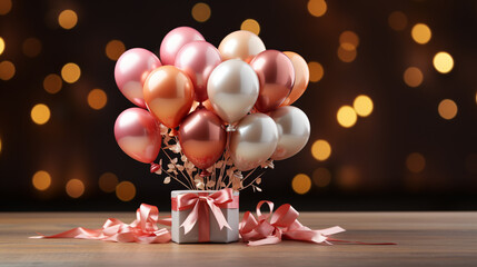 small valentine's day gift with balloons and a background of out of focus lights