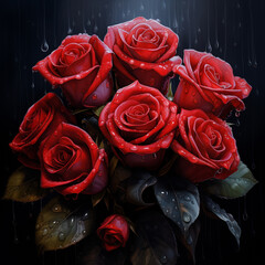 illustration of three a bouquet of roses with dew drops on dark background