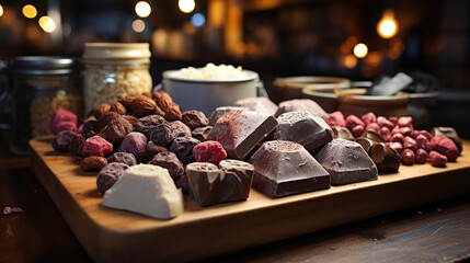 Valentine's Day chocolates, with melted chocolate, heart-shaped molds and a variety of toppings...