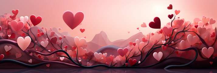 Valentine's Day horizontal banner with wavy edges, and empty space in the center, with floating hearts representing a landscape - obrazy, fototapety, plakaty