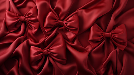 red fabric background with valentines day bows - obrazy, fototapety, plakaty