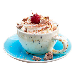 A beautiful blue cup of coffee with whipped cream, cocoa powder and raspberries on rustic wooden background