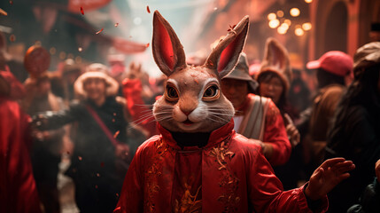woman wearing a rabbit mask at a street festival on lunar new year - obrazy, fototapety, plakaty