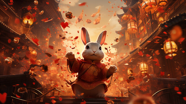 rabbit with human features at a chinese new year festival