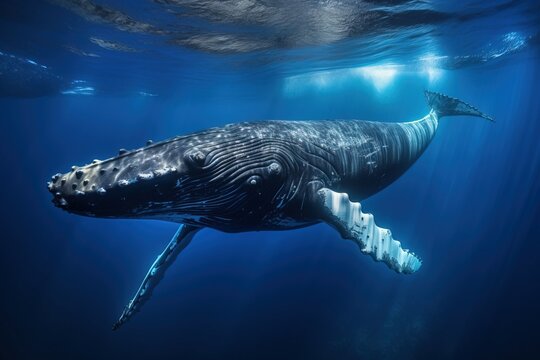 Whale face down under deep blue ocean water generated by AI