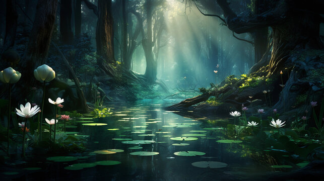 A verdant forest, where all the trees and plants glow with a vibrant