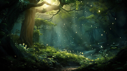 A verdant forest, where all the trees and plants glow with a vibrant