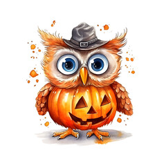 Cute cartoon watercolor halloween owl with a pumpkin on a transparent background
