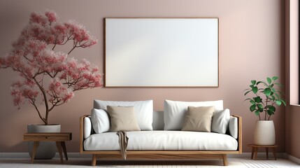 Fototapeta na wymiar Minimalist cozy healing living room, blank frame mockup, ar 16:9. Modern Living Room with Pink Accents. Advertising, copy space.
