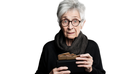 Portrait of an elderly woman holding an empty wallet and shocked isolated on transparent background